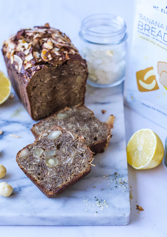 Banana Protein Bread with Toasted Coconut Lemon and Macadamia