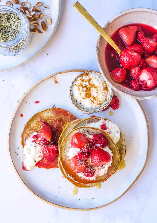 Almond Buckwheat Pancakes With Vanilla Citrus Baked Berries And Maple Cottage Cheese